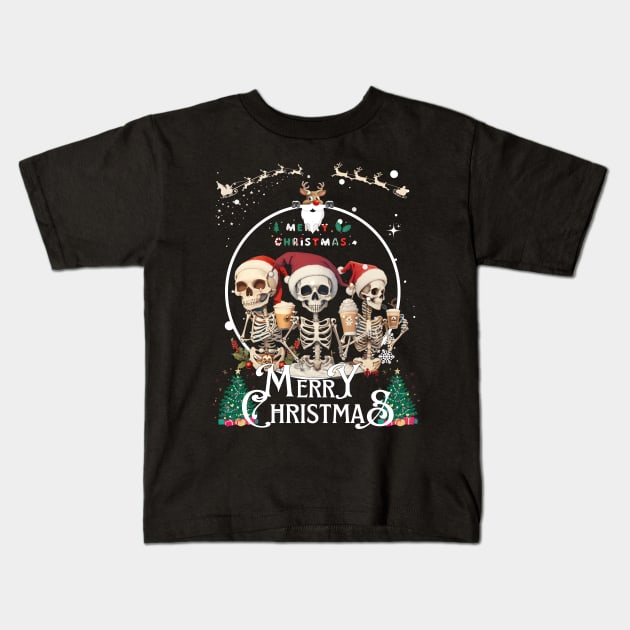 Christmas Skeleton With Smiling Skull Drinking Coffee Latte Kids T-Shirt by WOLVES STORE